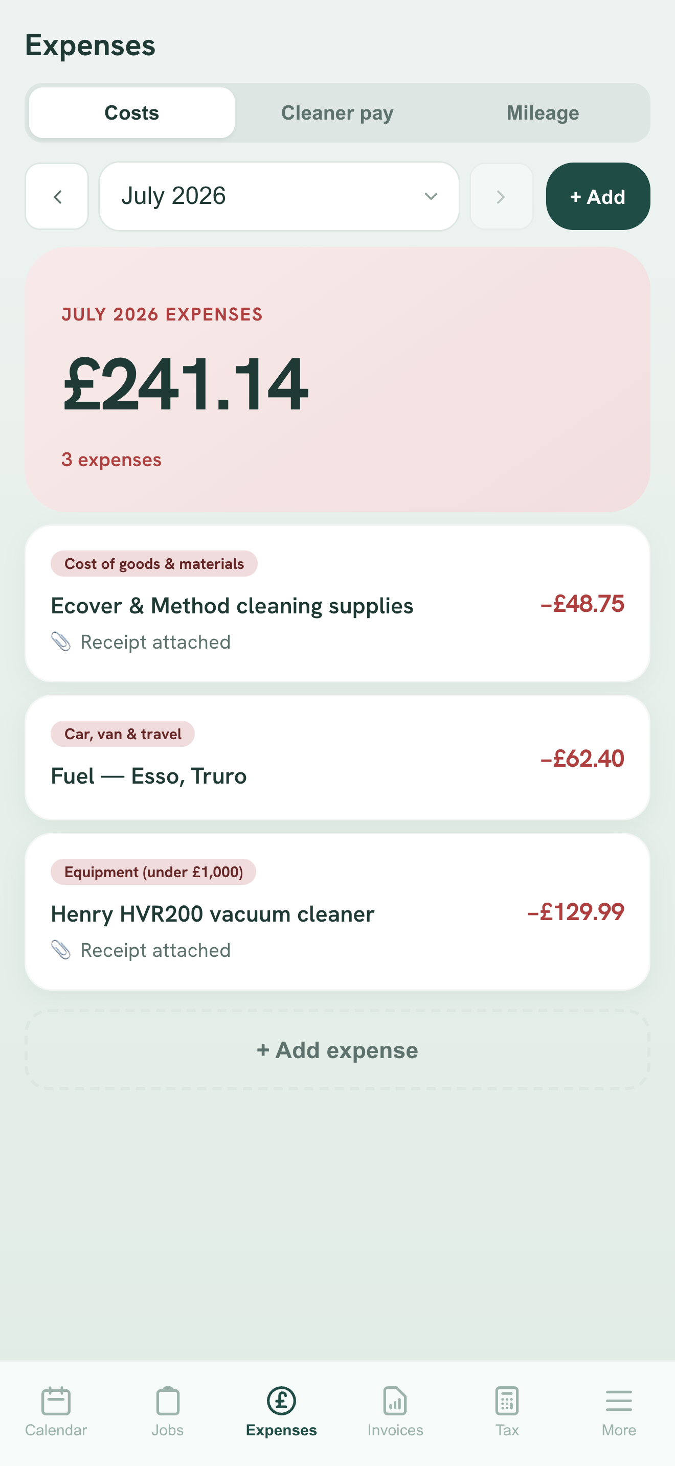 Broom expenses view with costs and attached receipts