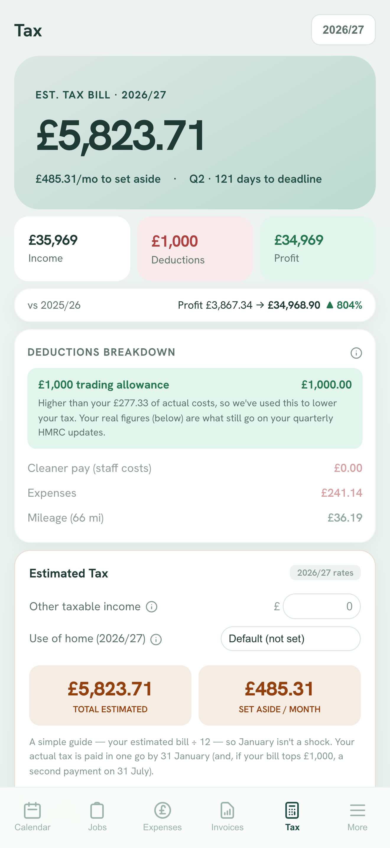 Broom tax view showing estimated tax, deductions and monthly set-aside