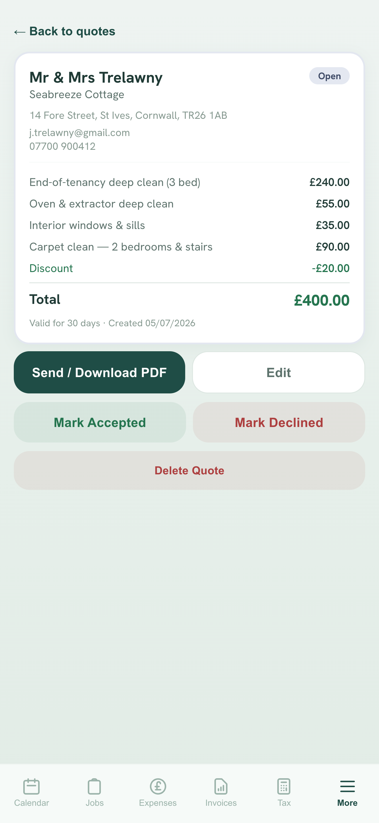 Broom quote for an end-of-tenancy clean