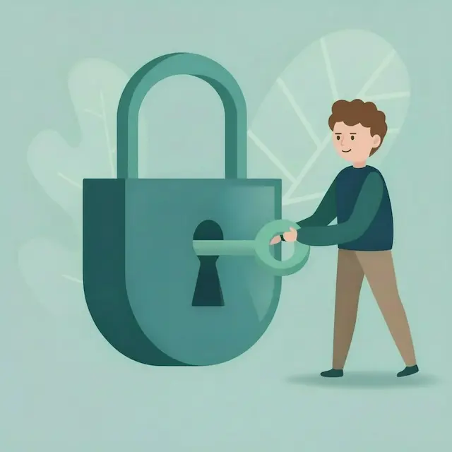 Illustration eines Jungen, der einen großen Schlüssel in ein überdimensionales Vorhängeschloss steckt, Symbol für Passwortschutz oder Sicherheit.