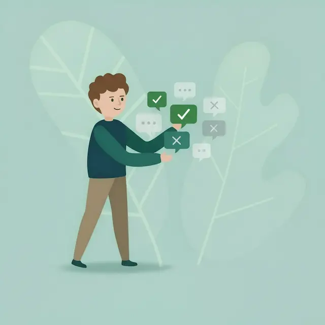 Illustration eines lächelnden Mannes mit braunen Haaren, der vor einem Hintergrund mit großen, stilisierten Blättern steht und um ihn herum befinden sich grüne und graue Sprechblasen mit Häkchen und Kreuzsymbolen.