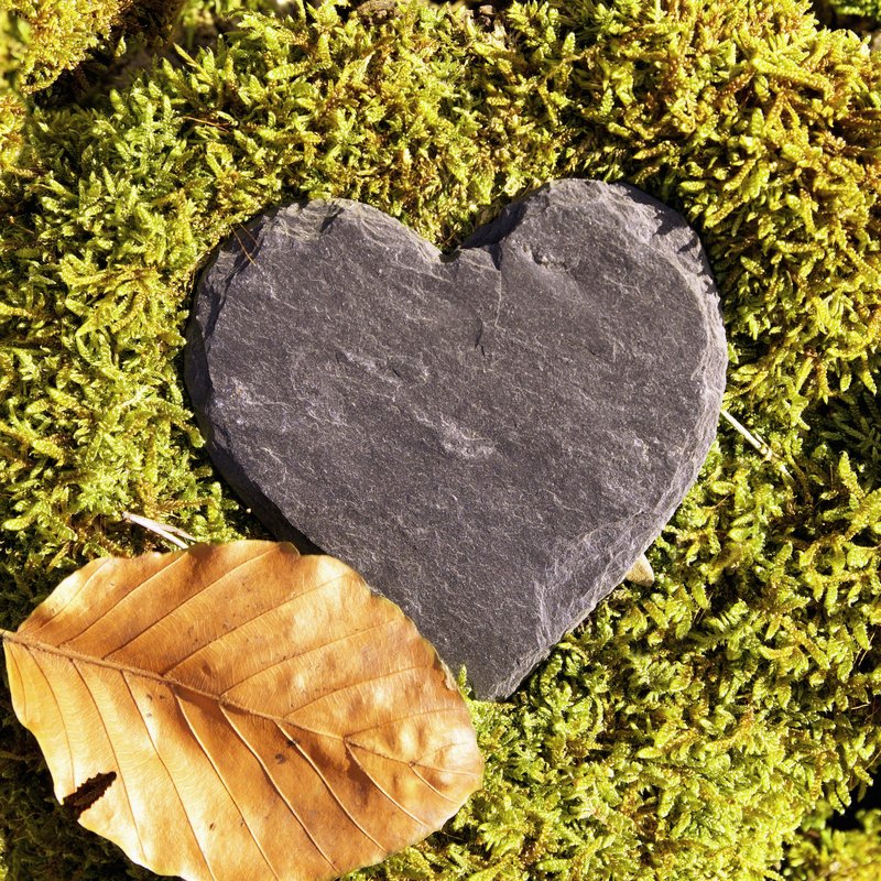 Ein herzförmiger Schieferstein liegt auf Moos, daneben ein trockenes Buchenblatt.