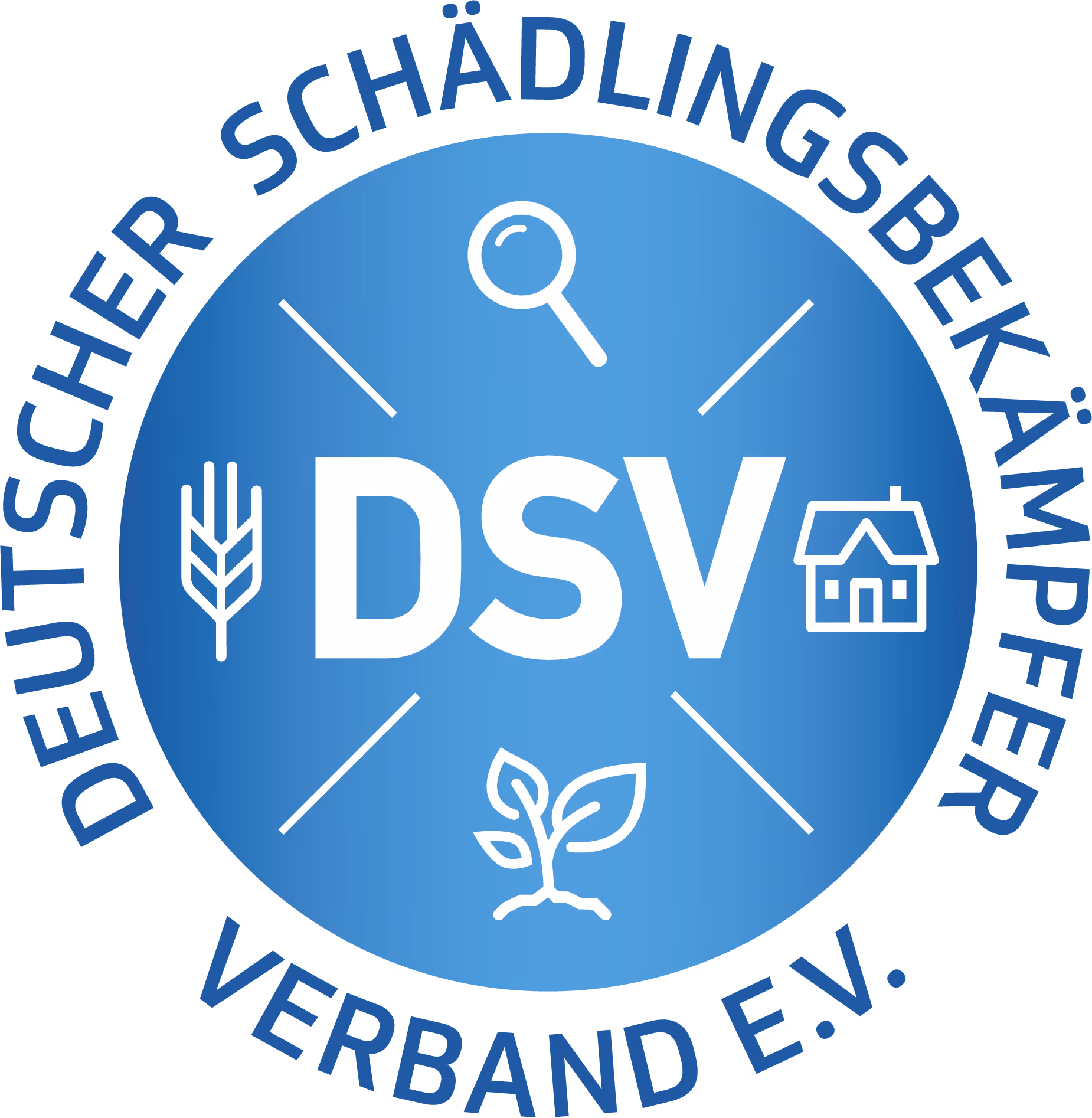 Logo des Deutschen Schädlingsbekämpfer Verbandes e.V. mit blauer kreisförmiger Vorlage, weißer Lupe, einem Haus, einem Weizenhalm und einem Pflanzen-Symbol, sowie dem Schriftzug DSV in der Mitte.