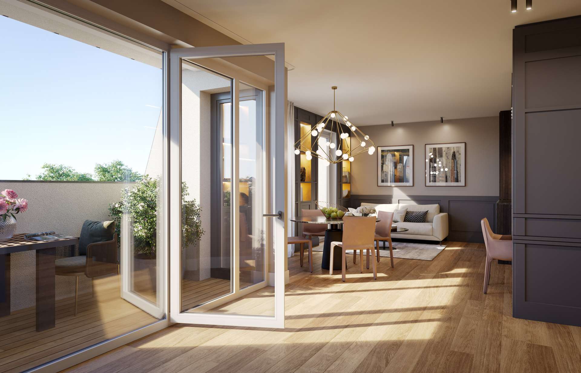 objektbild Visualisierung Loggia, Wohnen, Essen, Kochen, Arbeiten