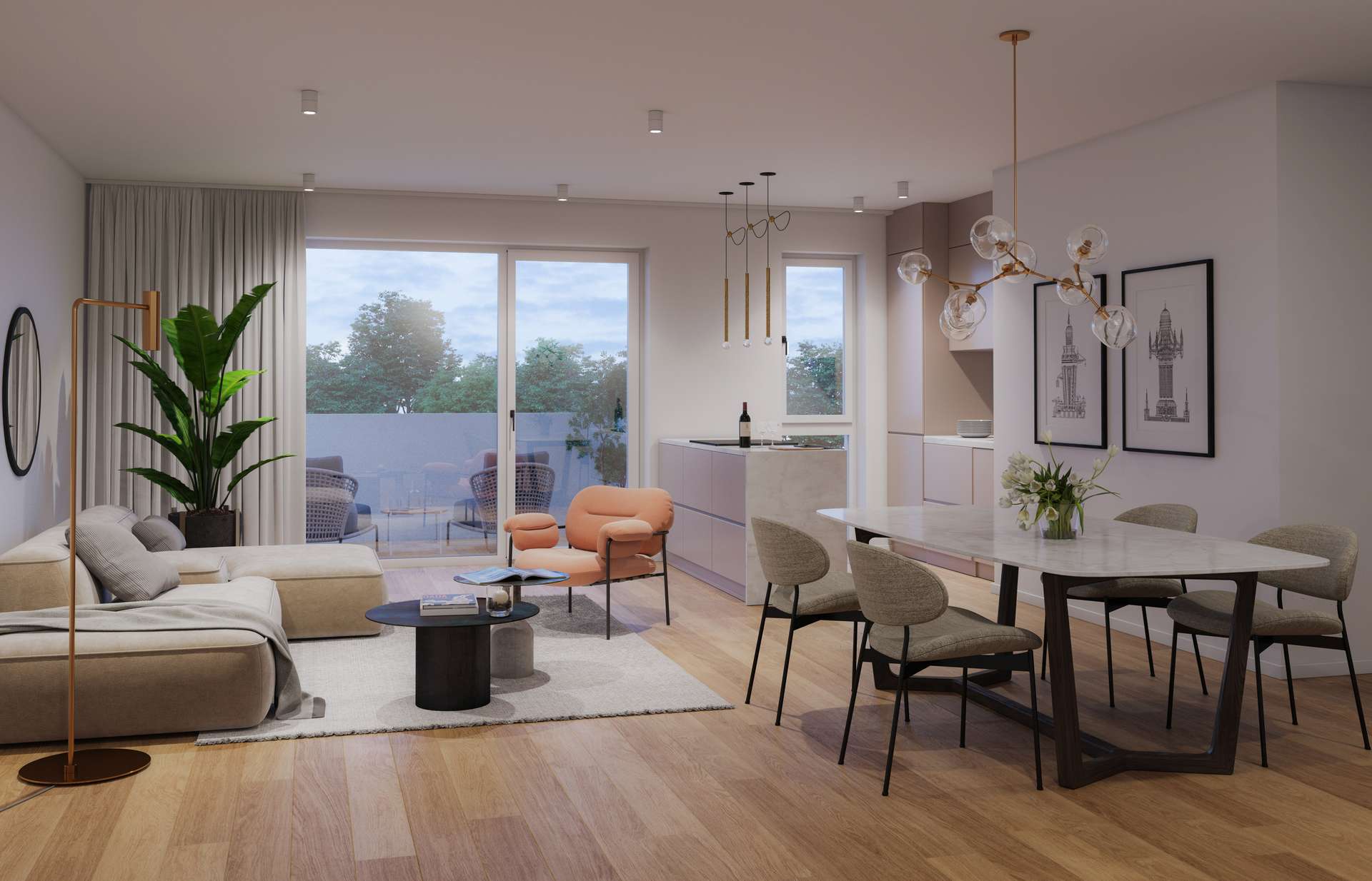 Haus mit Fahrstuhl Visualisierung Wohen, Essen, Kochen Abenddämmerung