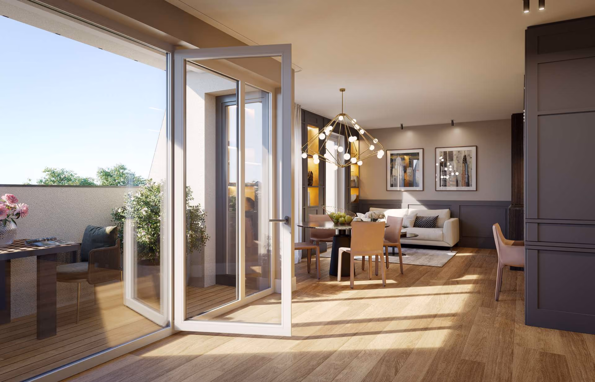 Visualisierung Loggia, Wohnen, Essen, Kochen, Arbeiten