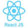 Blue React JS logo with atom symbol above the text React JS.