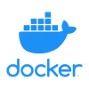 Docker logo featuring a blue whale carrying containers above the word docker.