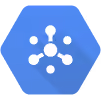Blue hexagon with a central white node connected to six smaller white nodes in network pattern.