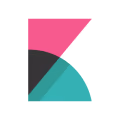 Abstract logo with pink, black, and teal geometric shapes forming a stylized 'K'.