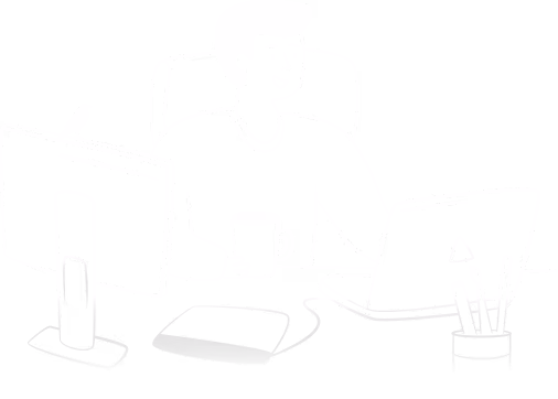 Person sitting at desk with two monitors, holding a cup, with pencils in a holder nearby.