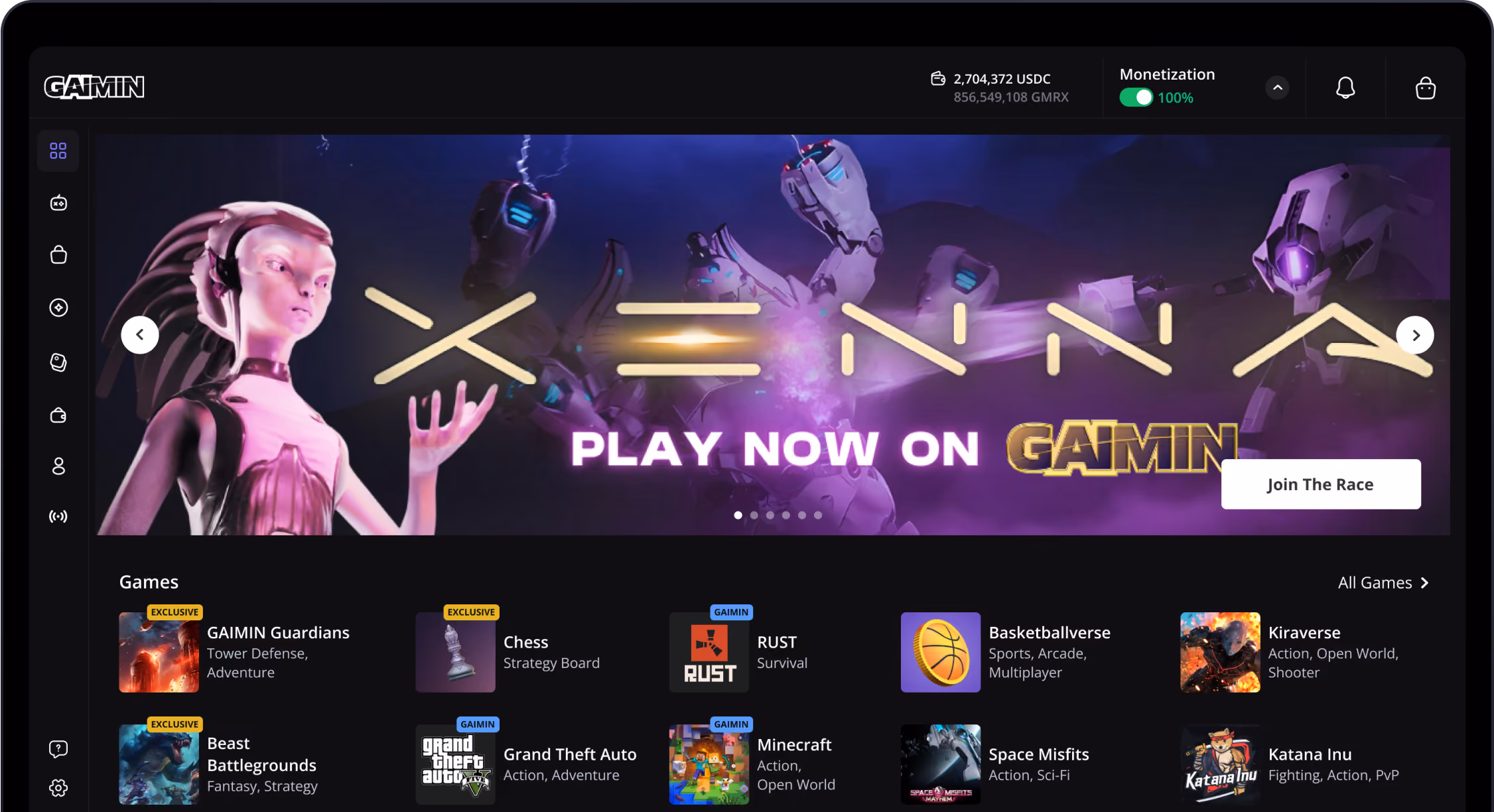Gaming platform interface showing Xenna game banner and a list of games including Minecraft and Grand Theft Auto.