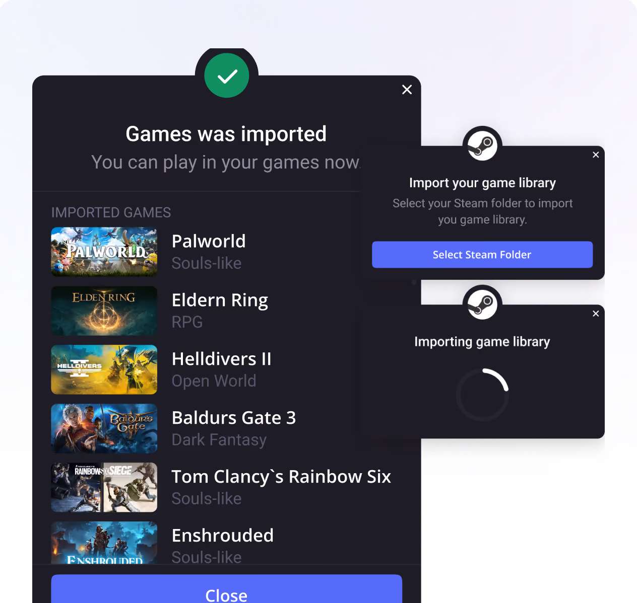 Screen showing imported games list with titles and genres and pop-ups for importing Steam game library.