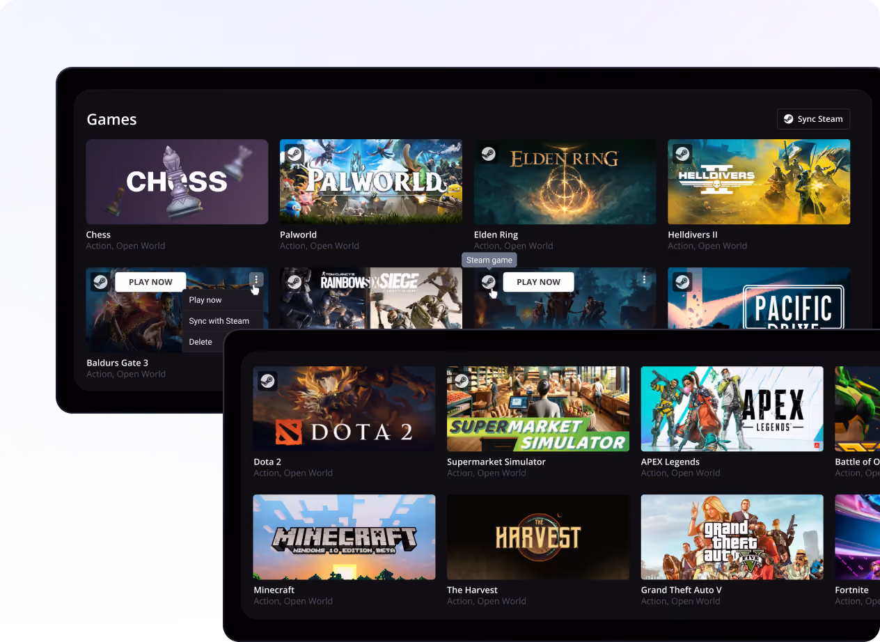 Interface showing a game library with titles like Chess, Elden Ring, Dota 2, Minecraft, and Grand Theft Auto V.