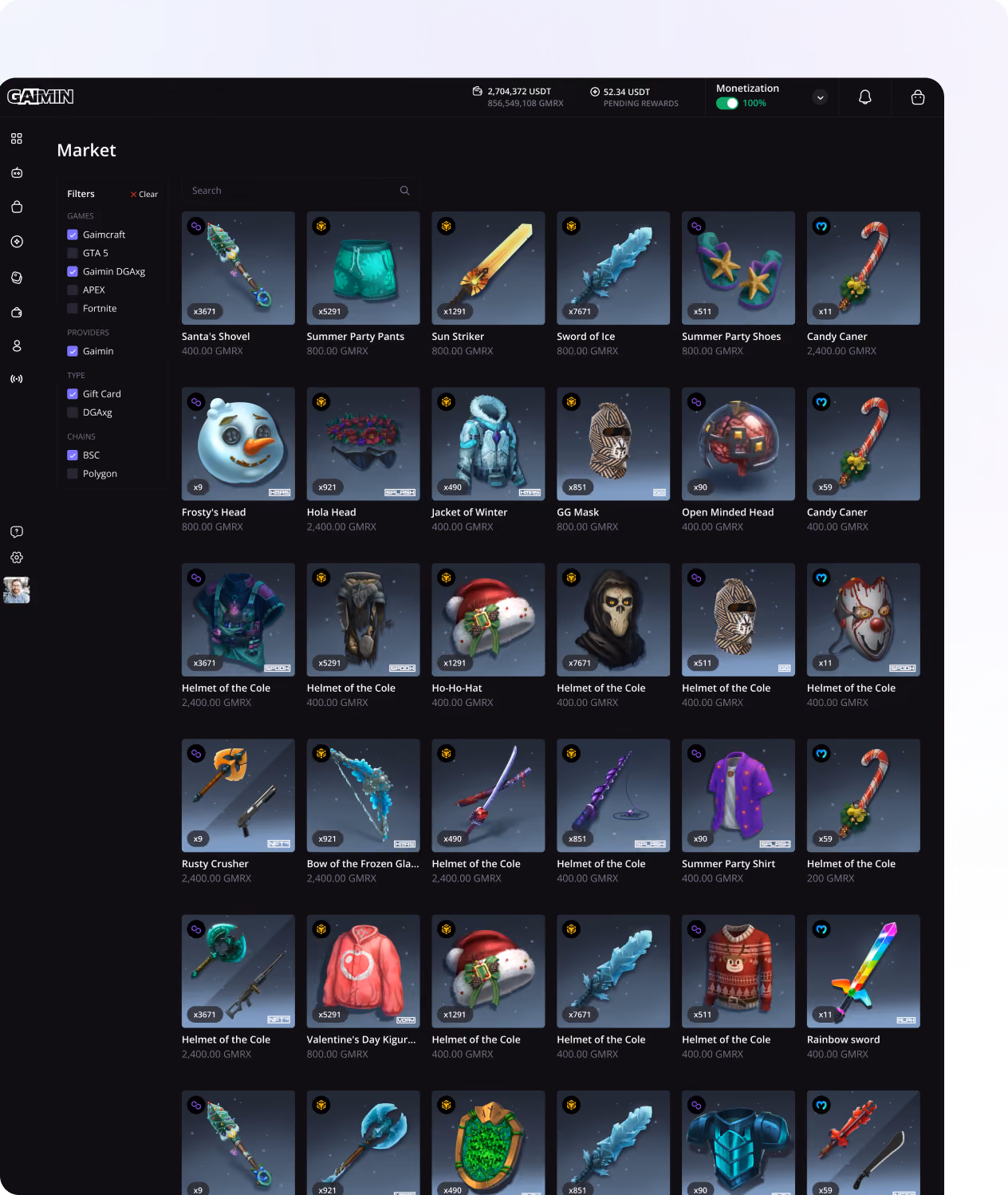 Digital market interface showing various Gaimin game items like weapons, helmets, and clothing with prices.