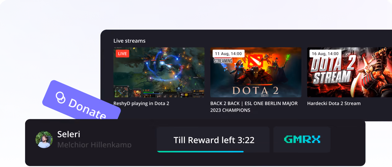 A streaming platform interface showing Dota 2 live streams and a user panel with a donate button and reward timer.