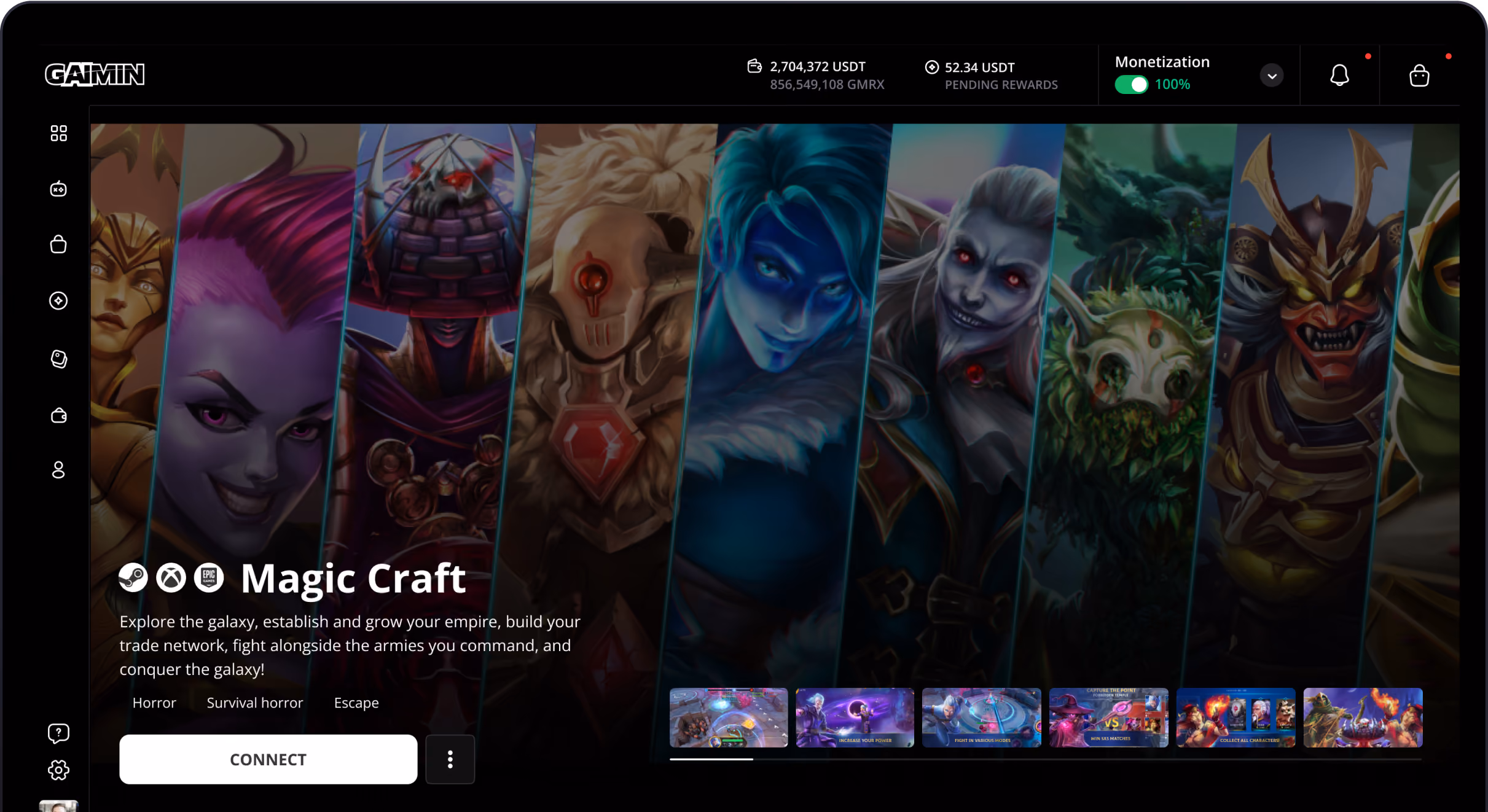 Game app interface for Magic Craft featuring fantasy character portraits and game mode thumbnails with CONNECT button.
