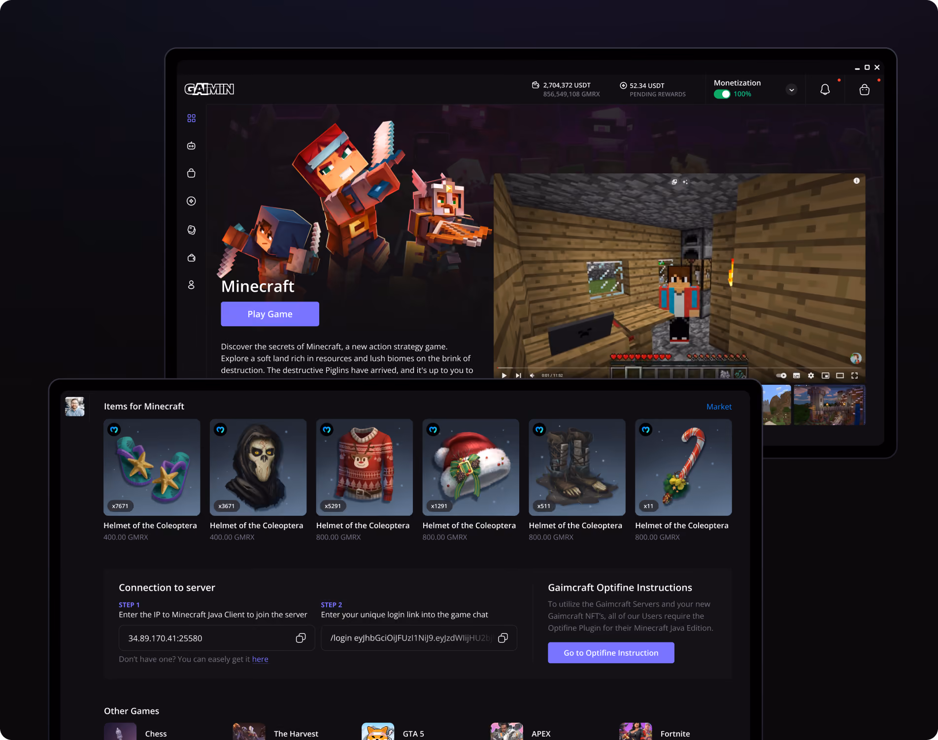 Gaming platform interface showing Minecraft game, items for sale, server connection steps, and optifine instructions.