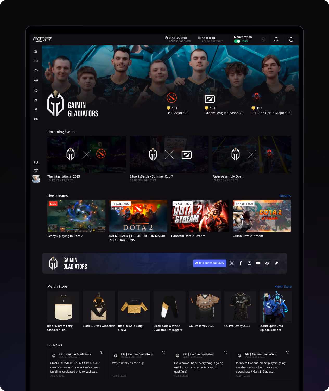 Gaimin Gladiators esports webpage showing team photo, upcoming events, live Dota 2 streams, merch, and news feed.