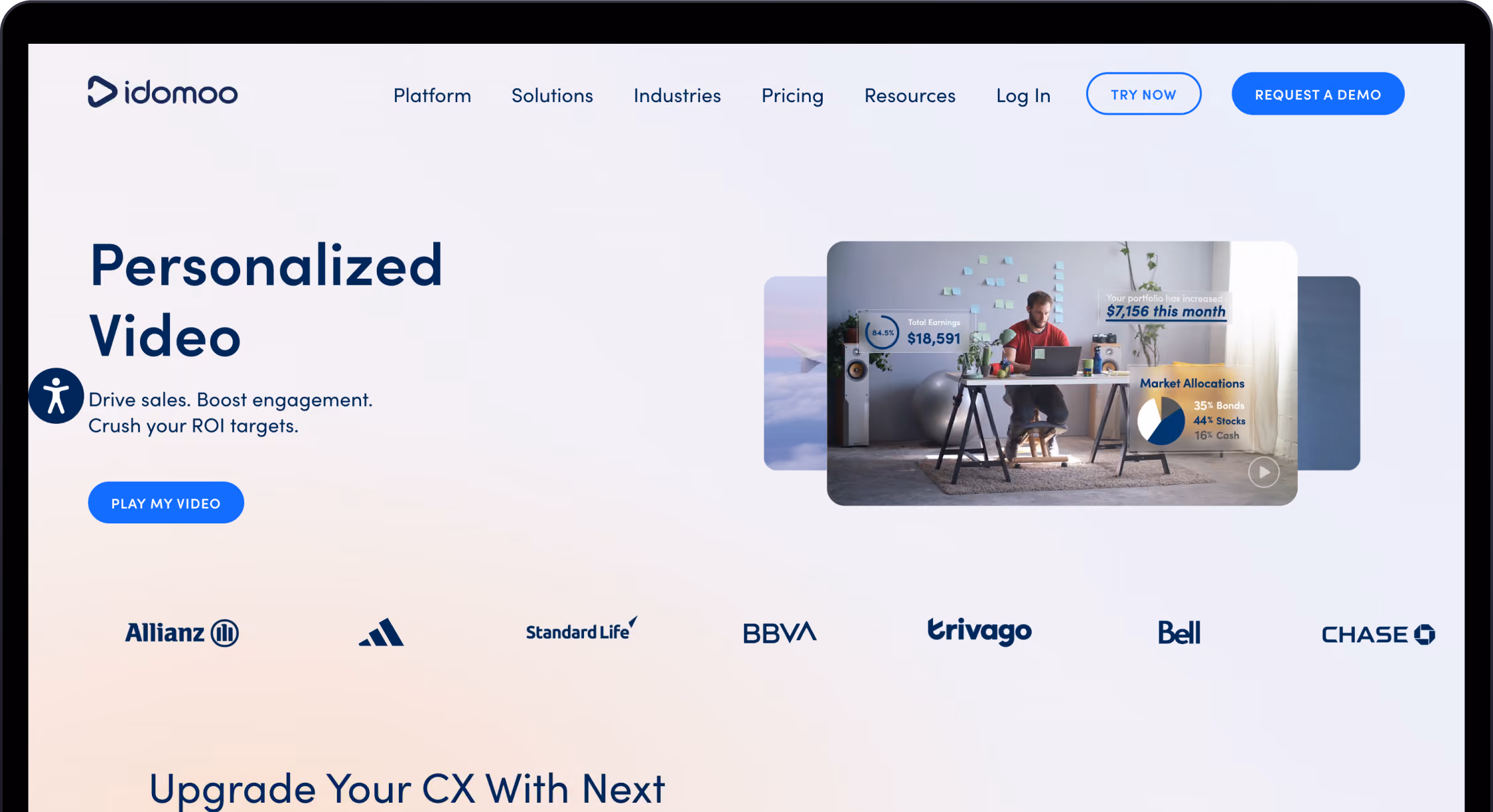 Website homepage showing personalized video platform with client logos and call-to-action buttons.