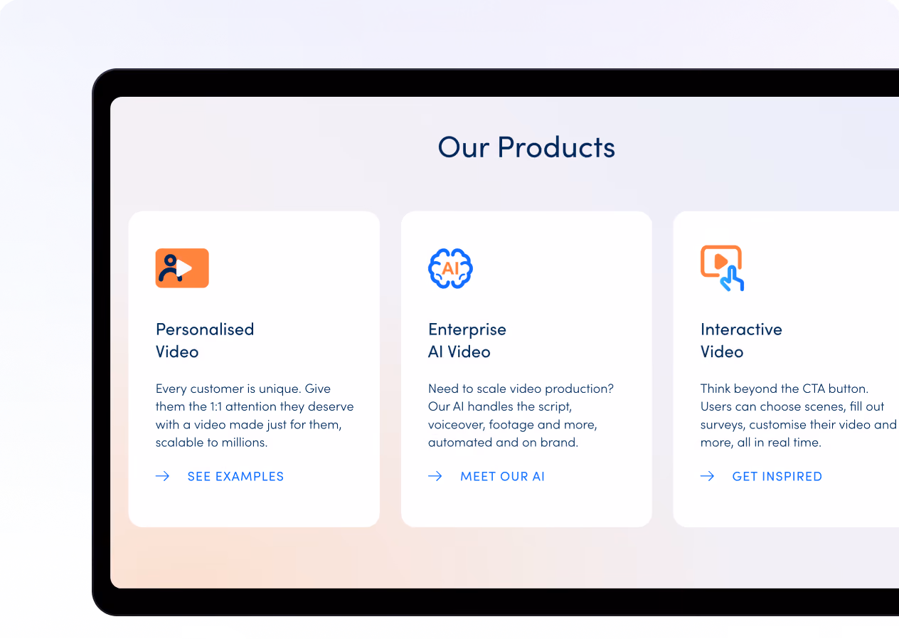 Three product cards titled Personalised Video, Enterprise AI Video, and Interactive Video with descriptions and links.