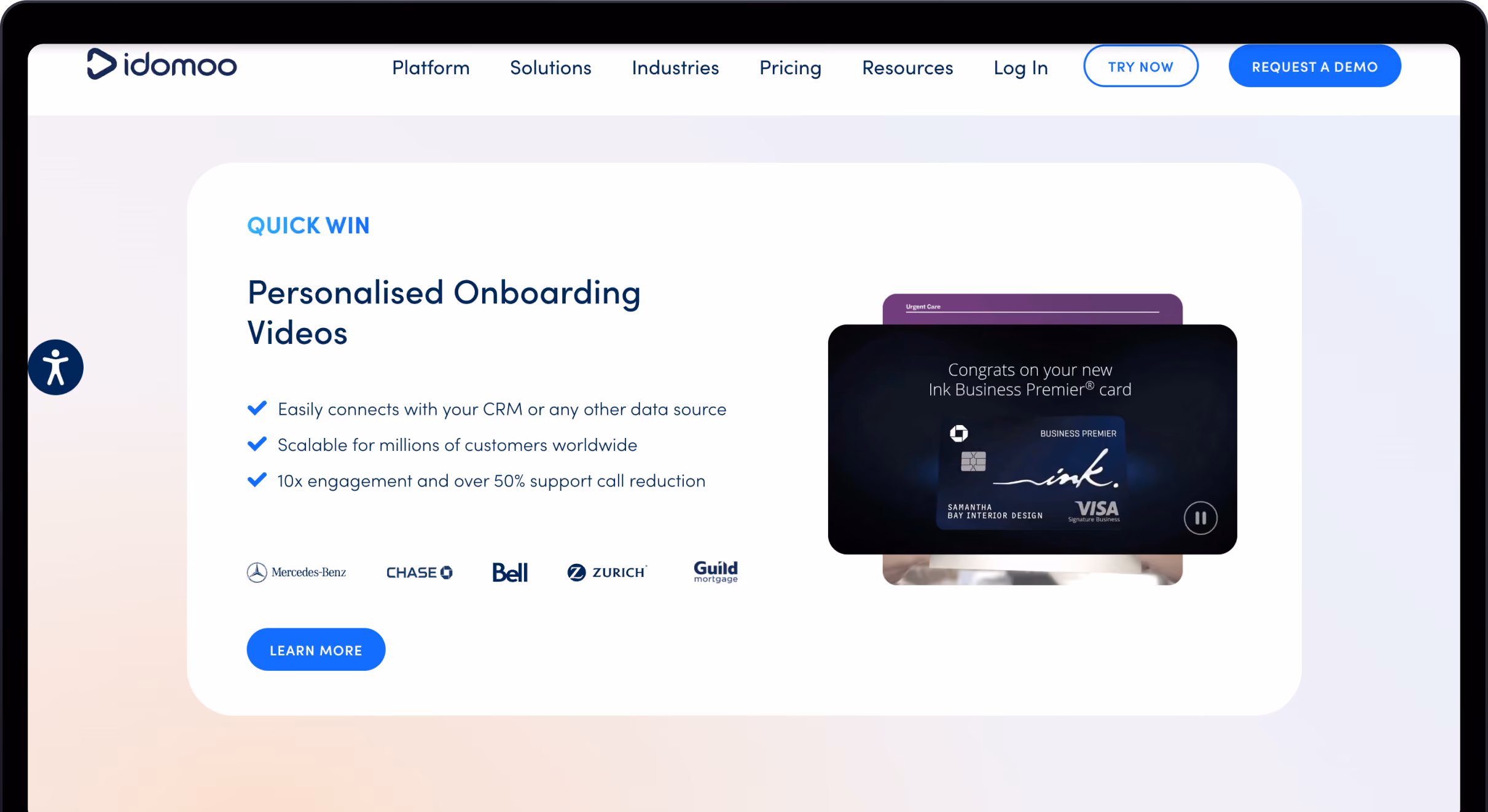 Idomoo webpage showing personalized onboarding videos benefits with logos and a video card example.