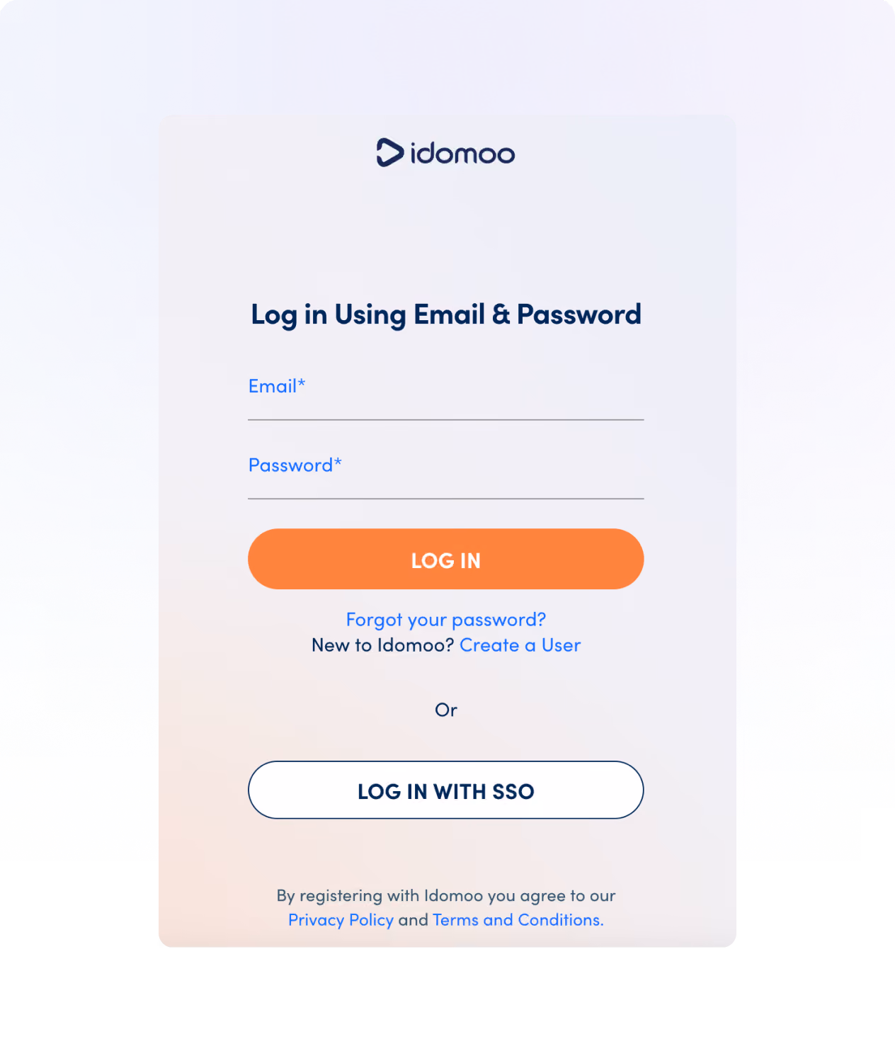 Login form for Idomoo with fields for email and password and options to log in or use SSO.