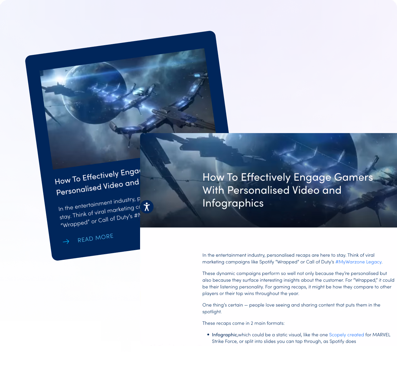 Two overlapping cards showing space station and text on engaging gamers with personalized videos and infographics.