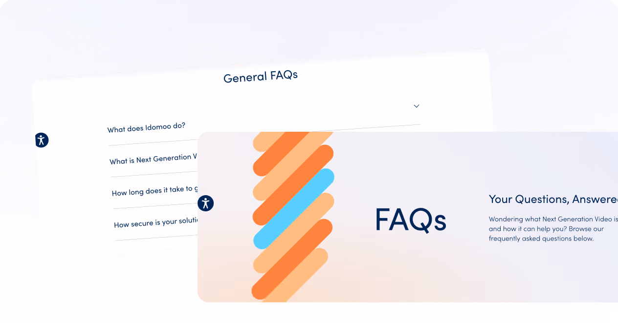 Two FAQ sections with questions about next-generation video and solutions on a purple-blue background.