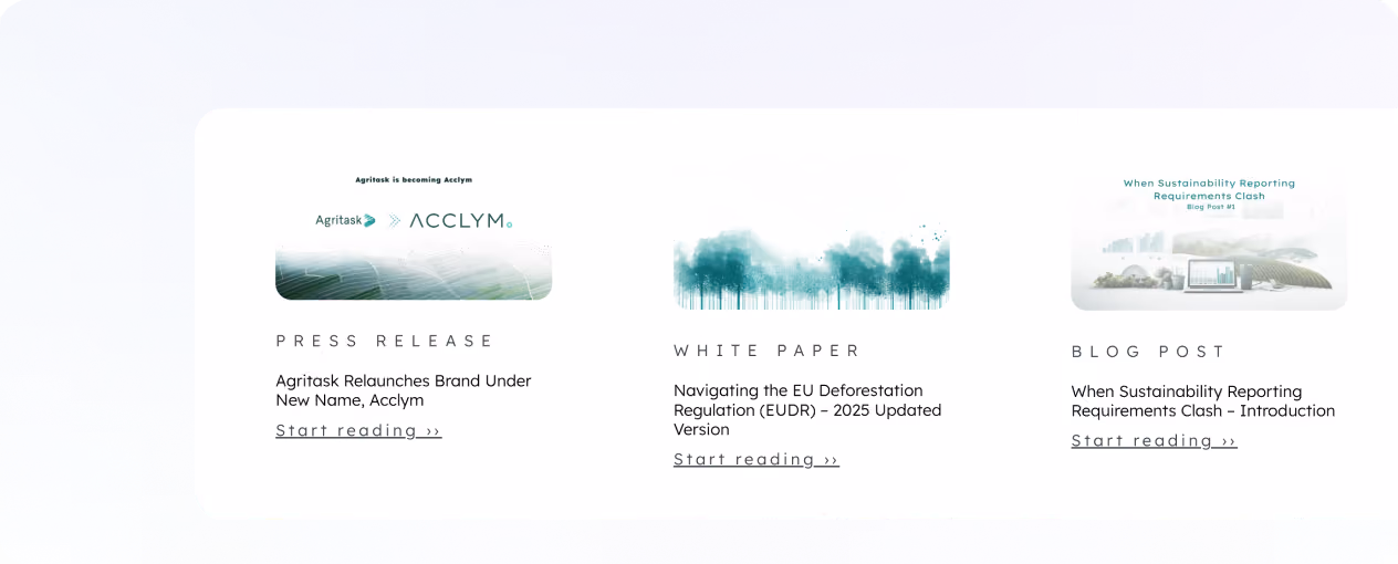 Three cards showing press release, white paper, and blog post with titles and start reading links.