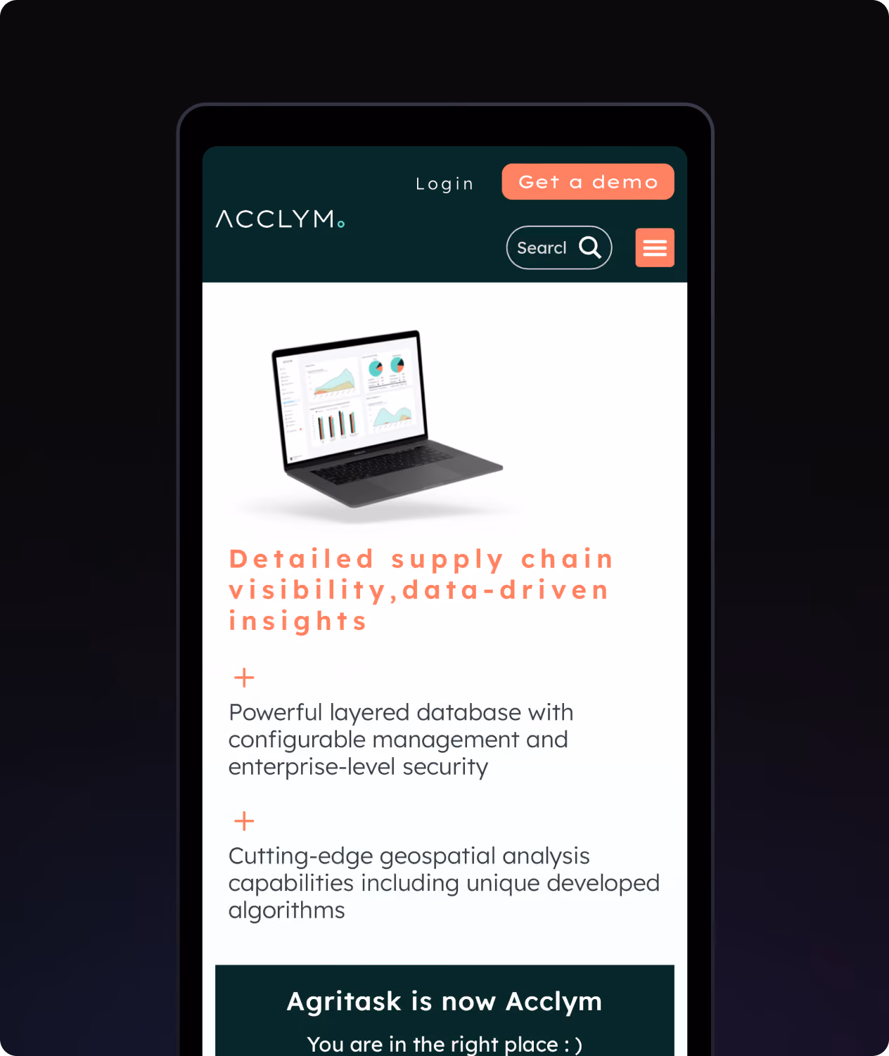 Mobile screen showing Acclym site with supply chain insights, database security, and geospatial analysis details.