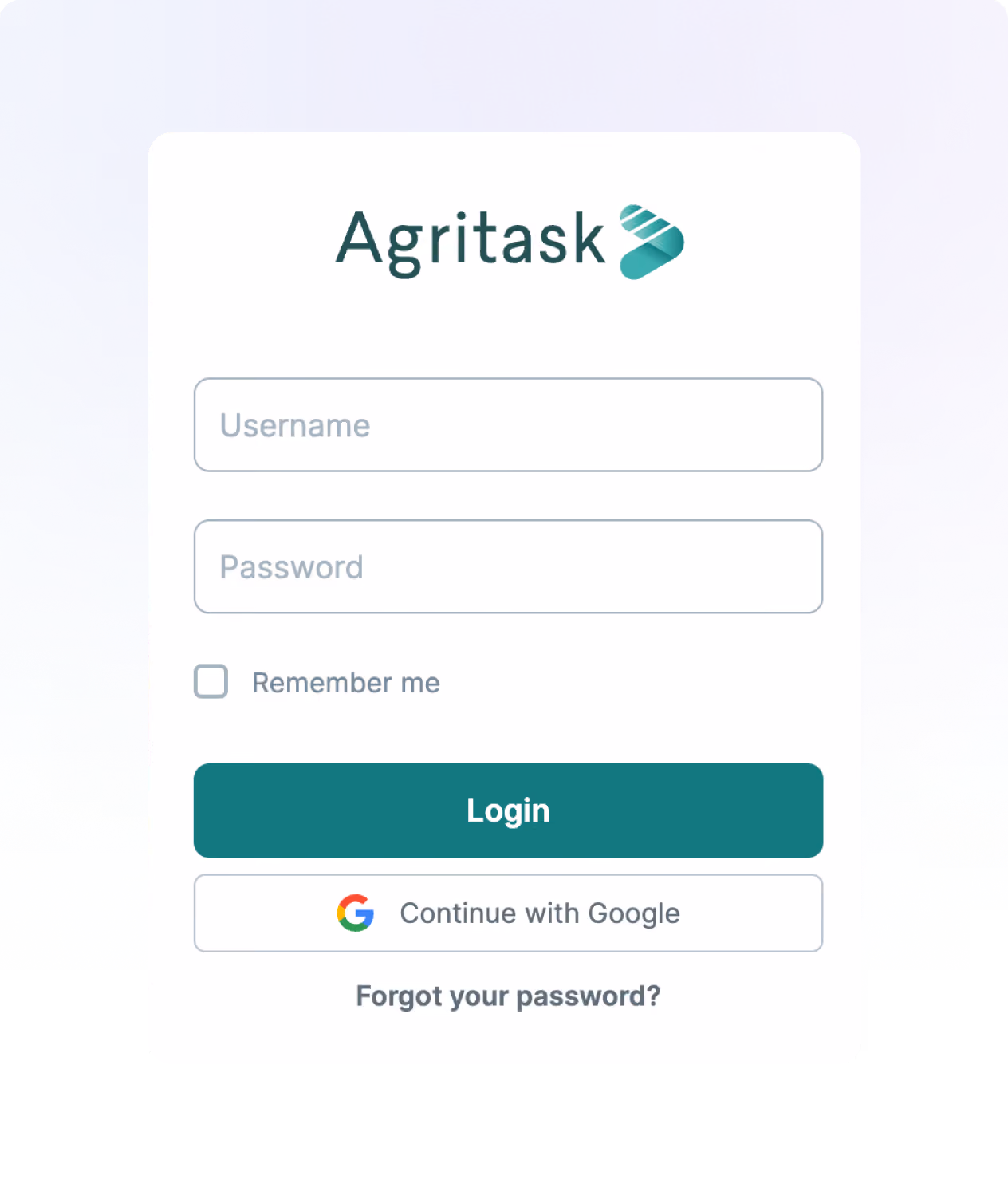 Login form with Agritask logo, fields for username and password, remember me option, and Google sign-in button.