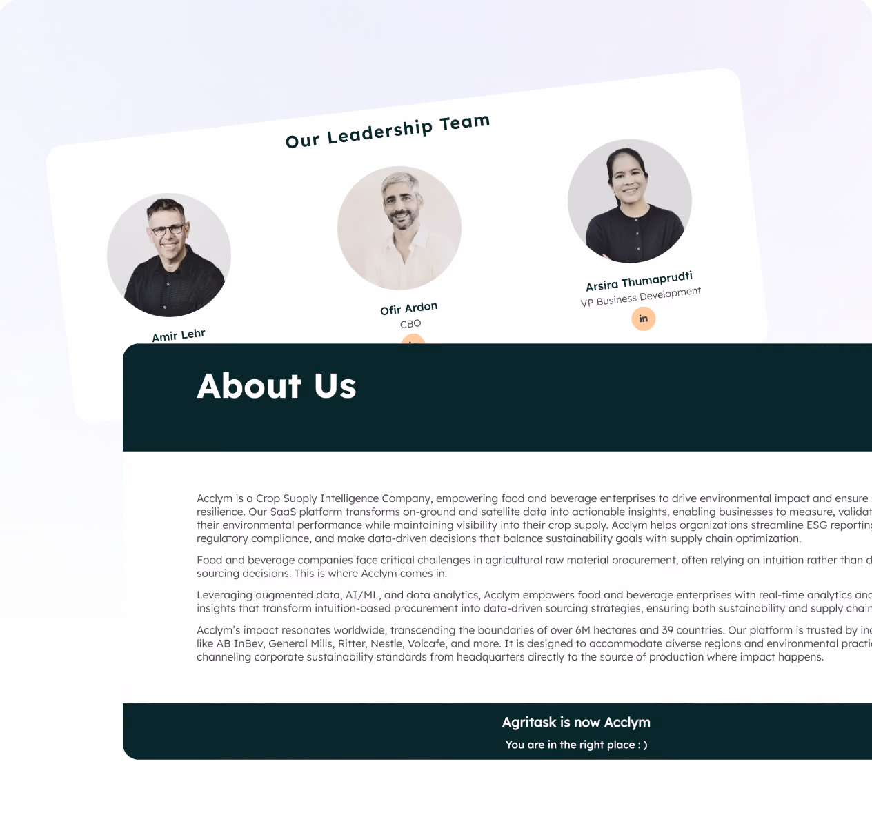 Our Leadership Team with photos and names of Amir Lehr, Ofir Ardon, and Arsira Thumaprudti, and About Us company info.