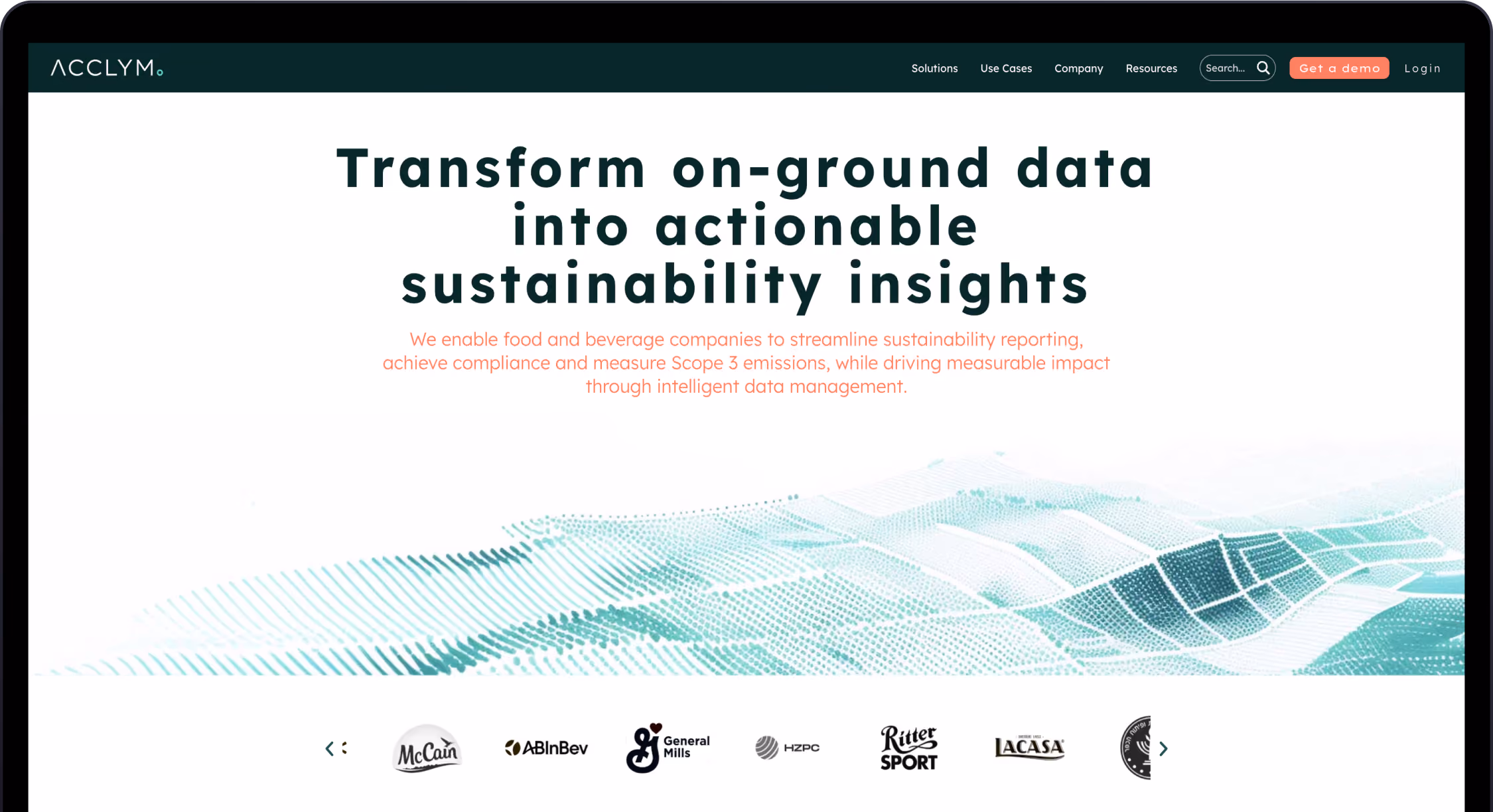 Website homepage with headline about turning on-ground data into sustainability insights for food and beverage firms.
