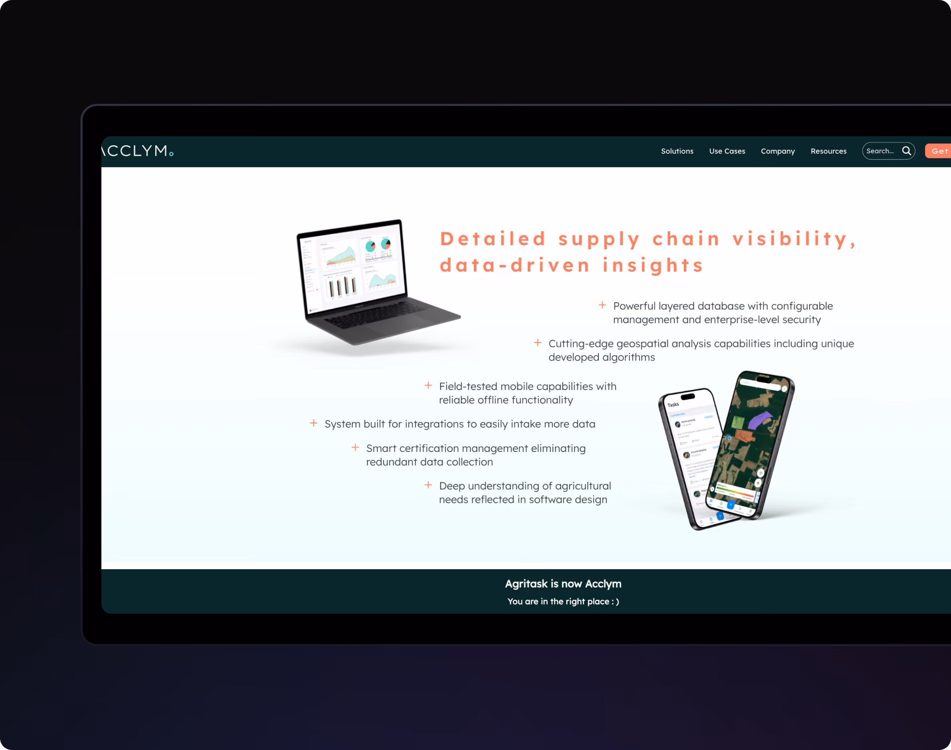 Website page showing supply chain visibility software with laptop and mobile app images and feature highlights.
