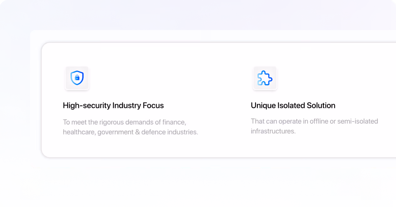 Two feature cards: high-security industry focus for finance, healthcare; unique isolated solution for offline use.