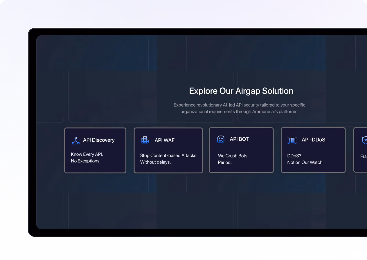 Dark UI screen showing Airgap solutions with API Discovery, API WAF, API BOT, and API-DDoS features.