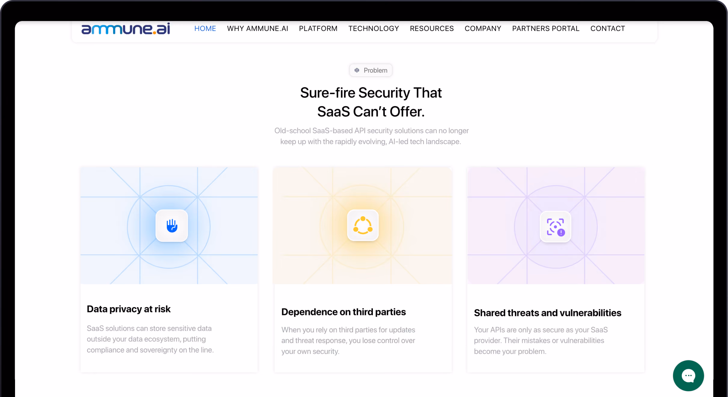 Webpage showing SaaS security problems: data privacy risks, third-party dependence, and shared vulnerabilities.