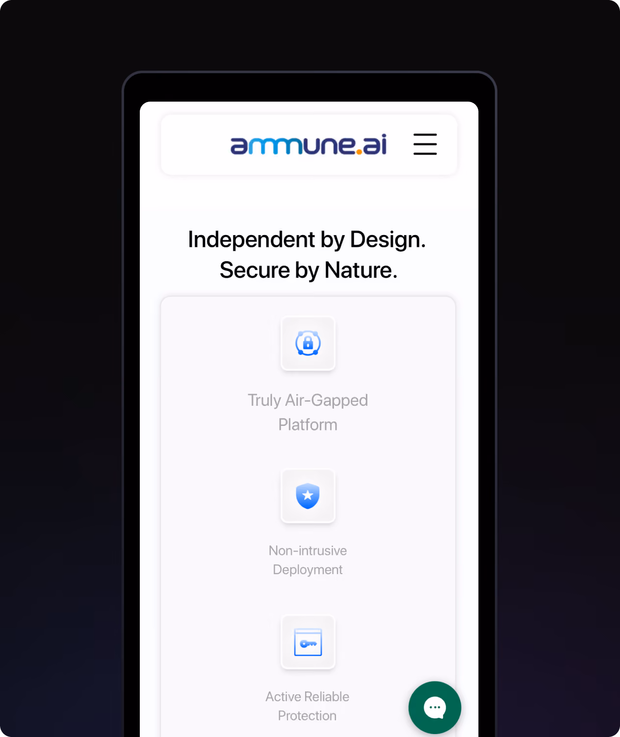 Mobile screen showing Ammune.ai with features: air-gapped platform, non-intrusive deployment, active protection.