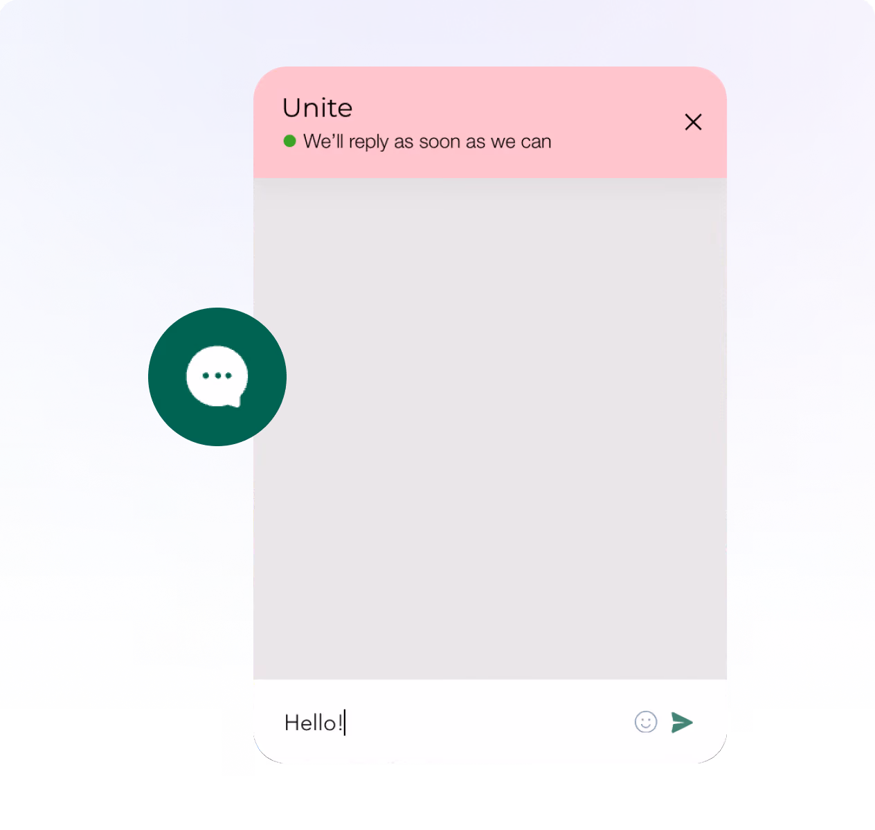 Chat window titled Unite with status message, text input saying 'Hello!' and send icon on purple-blue background.