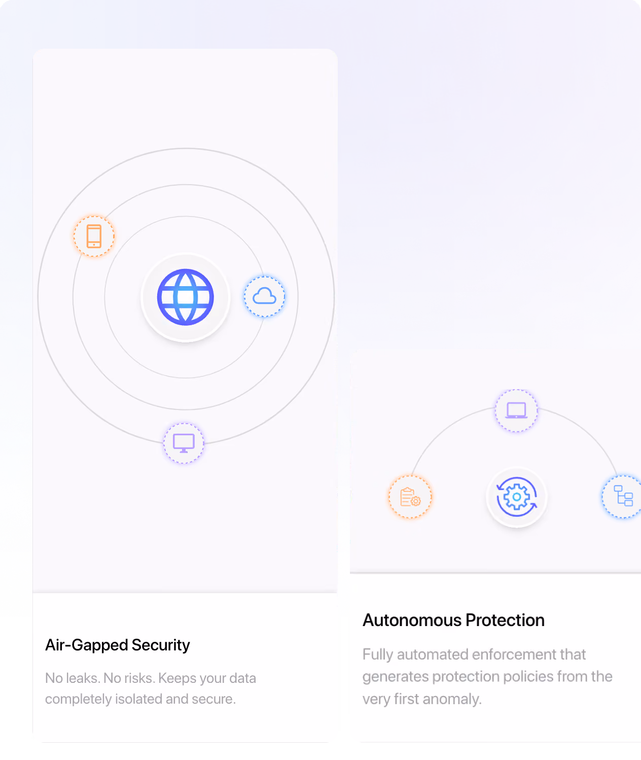 Two cards showing tech icons for Air-Gapped Security and Autonomous Protection features with descriptions.