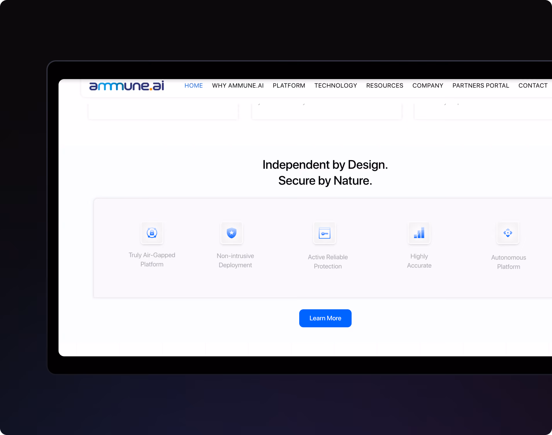 Screenshot of Ammune.ai webpage showing security features and a Learn More button.