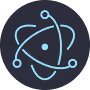 Blue and white stylized atomic model with orbiting electrons on a dark circular background.