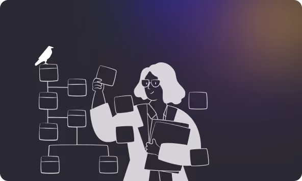 Illustration of a person holding cards in front of a flowchart with a bird perched on one box.
