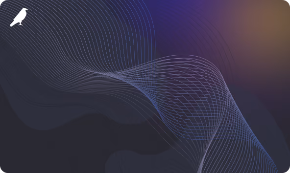 Abstract dark background with flowing blue and white wave lines and a white bird silhouette in the top left.