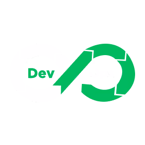 Green and white infinity symbol with the words Dev and Ops inside each loop representing DevOps.