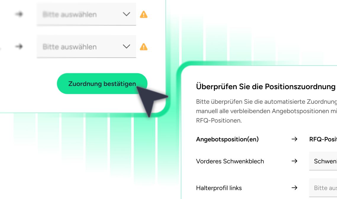 Visual aus dem Partfox-September-Update: Die neue „Position Mapping“-Funktion erlaubt es Fertiger:innen, Angebotspositionen automatisiert RFQ-Positionen zuzuordnen - für schnellere, fehlerfreie Angebotsabgaben direkt in der Plattform.