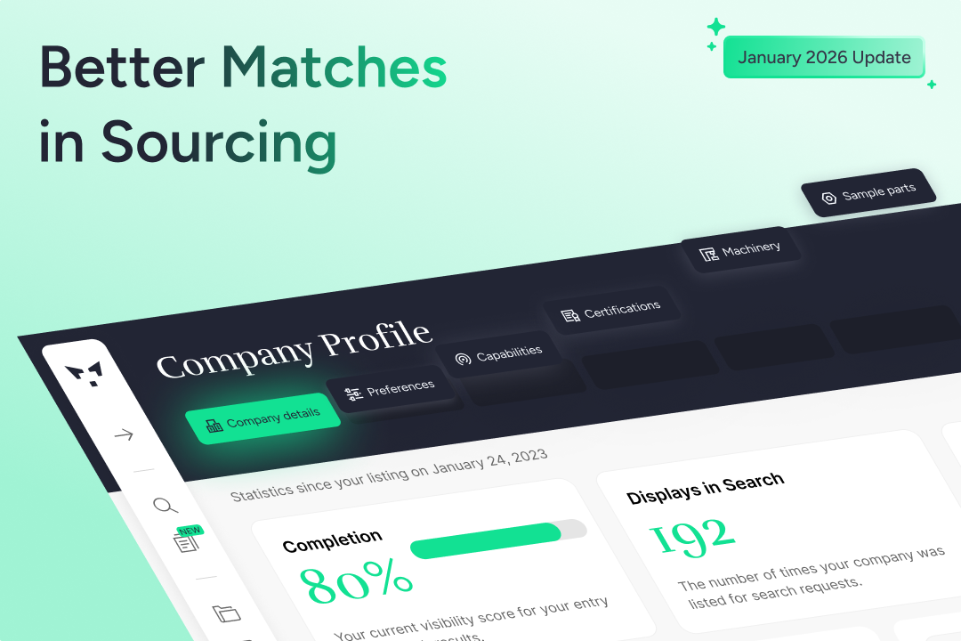 Updated Partfox company profile interface showing structured sections for capabilities, machinery, certifications and sample parts as part of the January 2026 update.