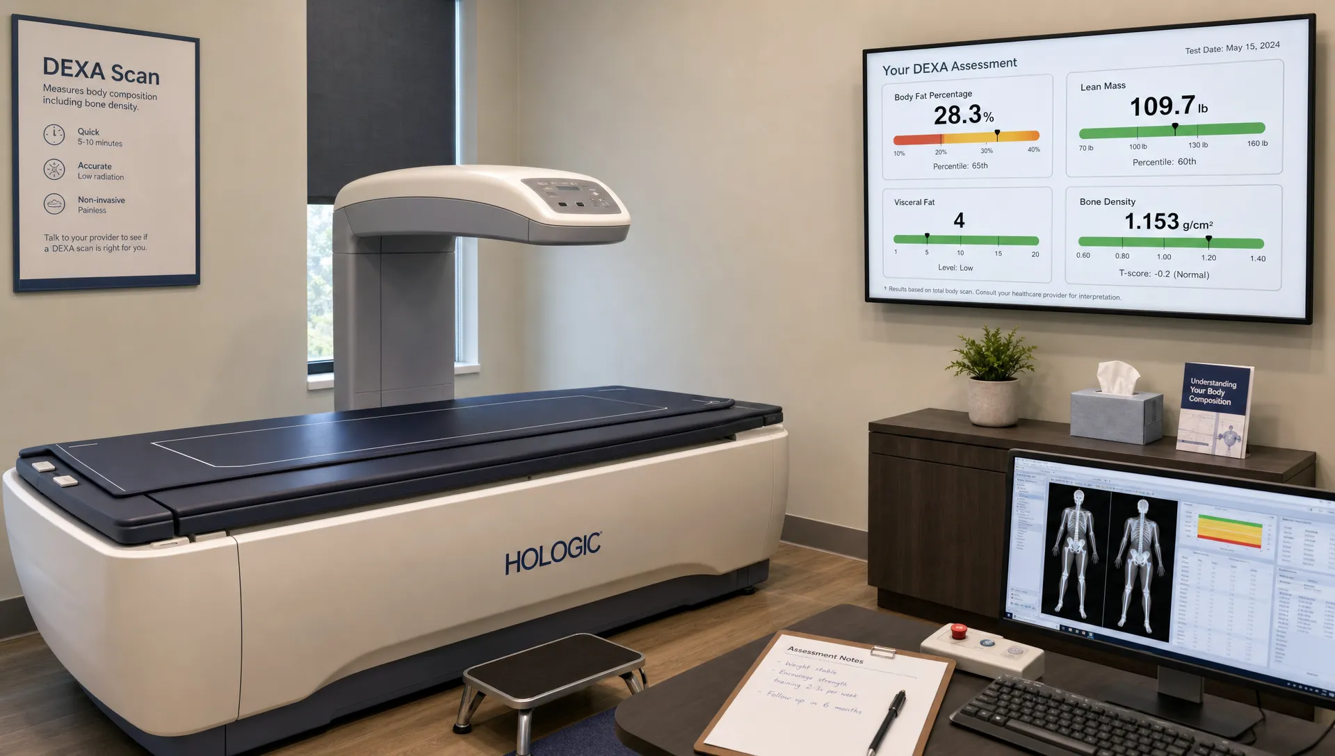 A medium indoor view of a DEXA scan room with the scan table, assessment notes, and metric cards showing body fat percentage, lean mass, visceral fat, and bone density arranged beside the machine.