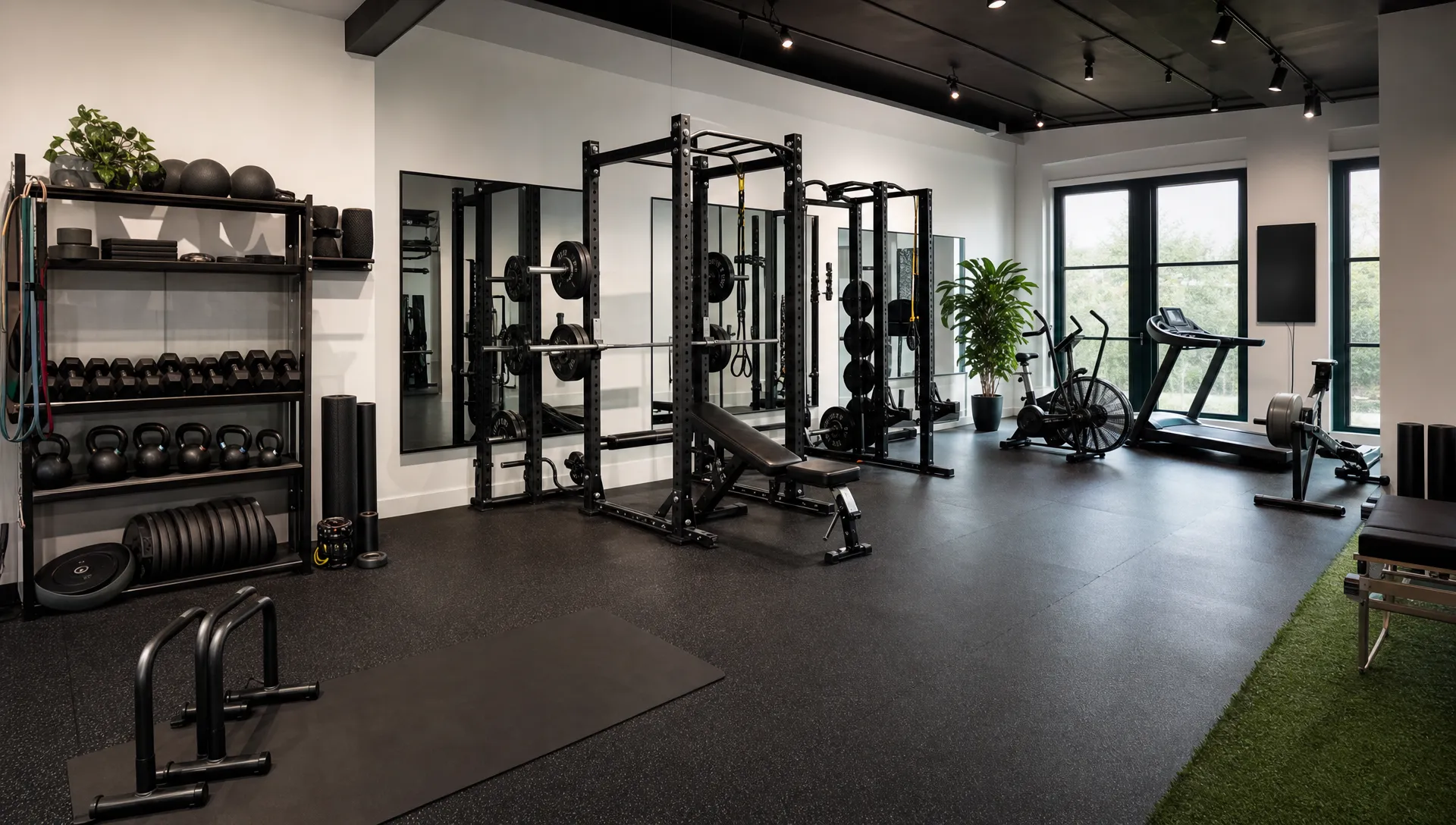 A private fitness studio with neatly arranged strength equipment, cardio machines, recovery tools, and open floor space for mobility work, shown from a corner viewpoint with no people in frame.